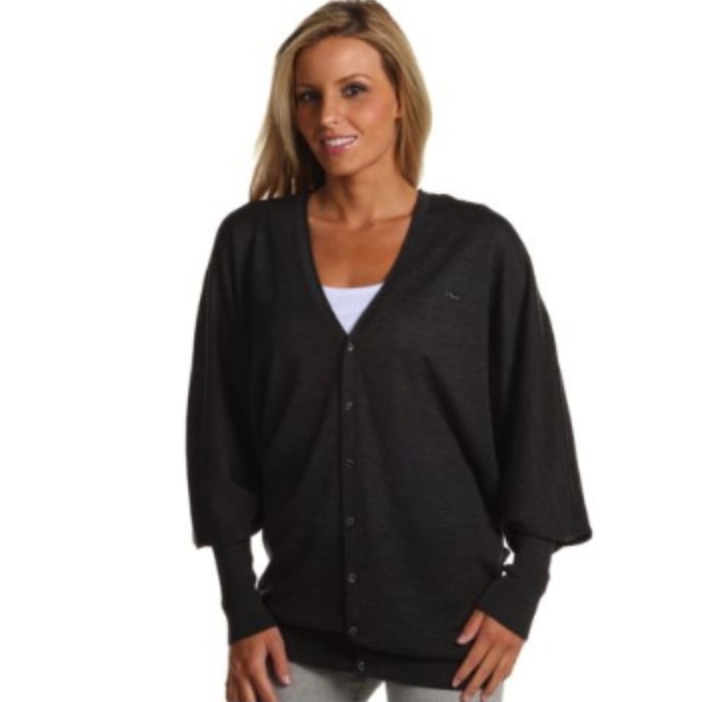 DSquared2 Cardigan Sweater Size M XL Black Bishop Sleeve Wool Jacket Silk V Neck